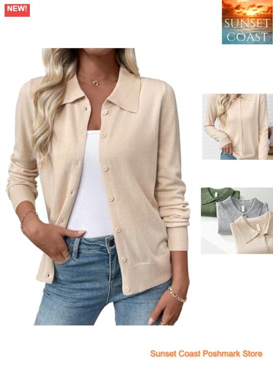 Sweaters - Women's Lightweight Wool Blend Cardigan Button Down Long Sleeve